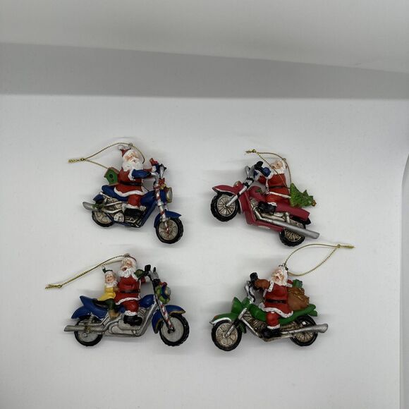Other - Vintage Motorcycle Riding Santa Christmas Ornament Lot Of 4 Rare Collectors